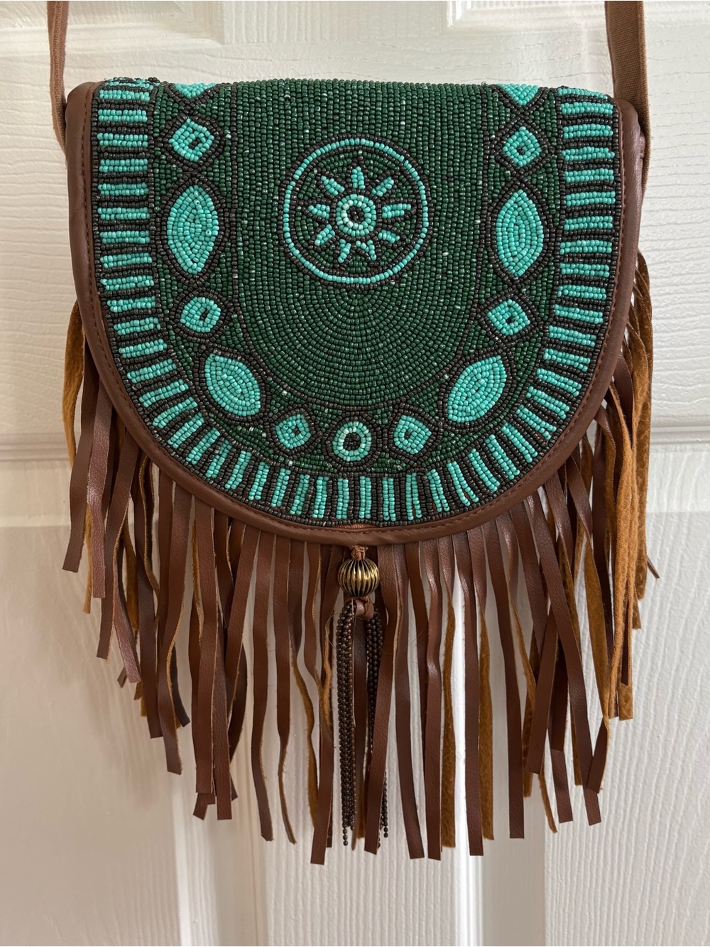 EARTHBOUND Teal and Brown Beaded Fringe Crossbody